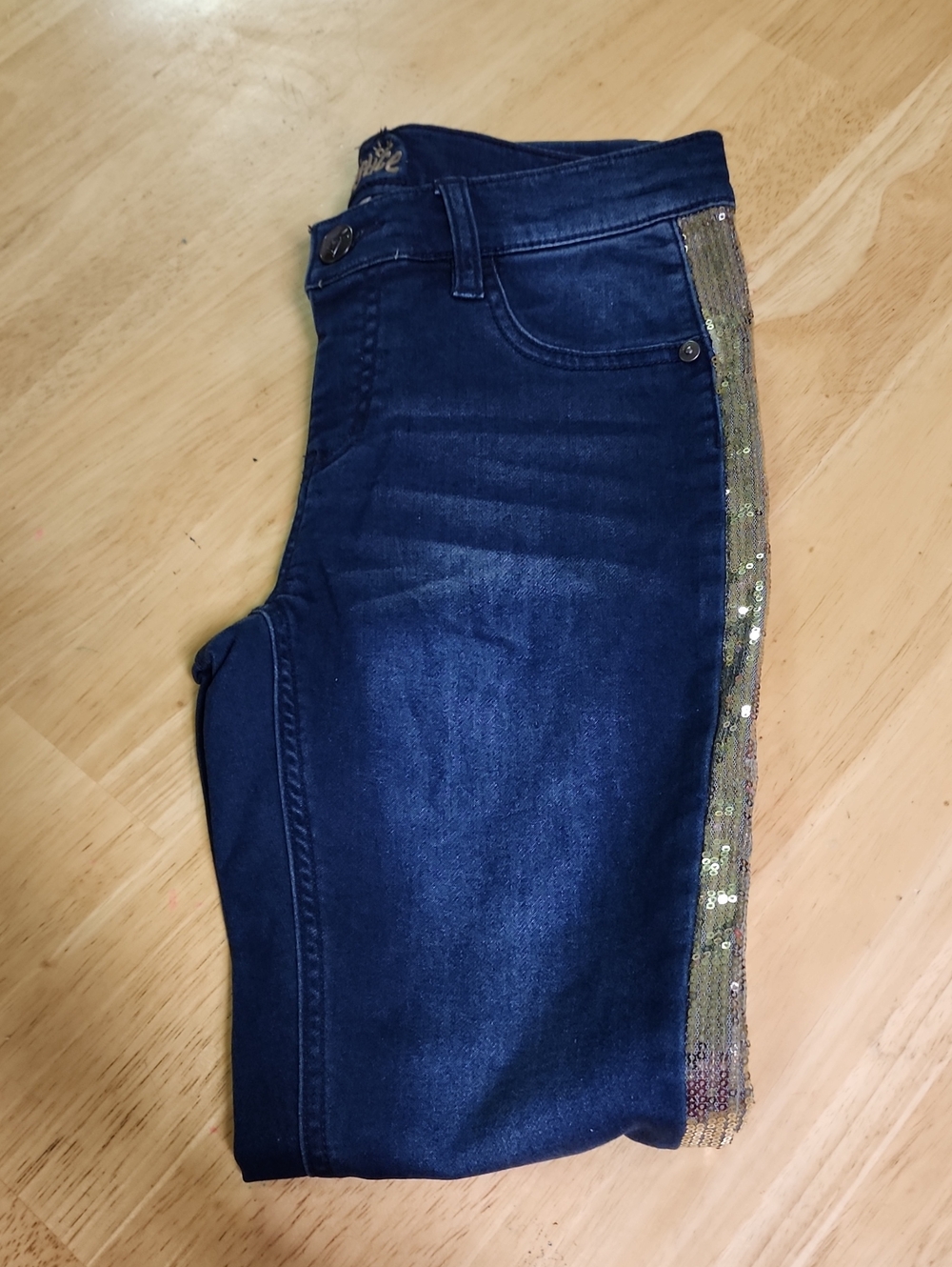 Justice Girls Size 14 Simply Low Jegging Dark Wash Gold Sequin Stripe Jeans EUC - Picture 7 of 9